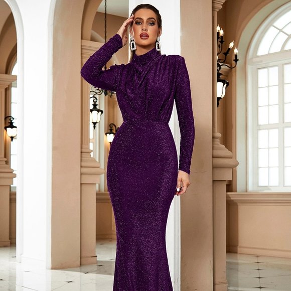 Dresses & Skirts - Brand New Draped Front Mock Neck Glitter Formal Gown Purple